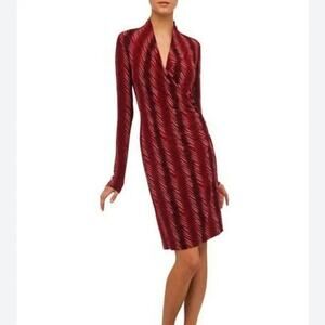 NORMA KAMALI Jersey Long-Sleeve Wrap Dress Red Scratch Stripe Liquid Knit Large
